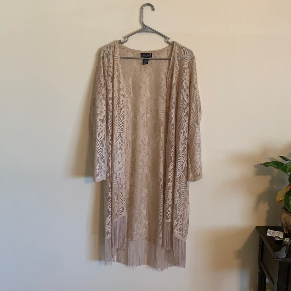 Brown Lace Shawl With Fringe- Long Sleeve